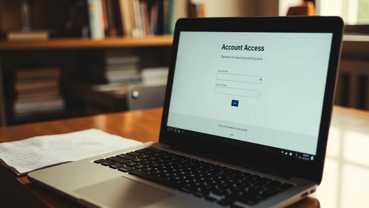 Editorial photograph of a brand login webform rendered on a calm adult screen beside identity papers.