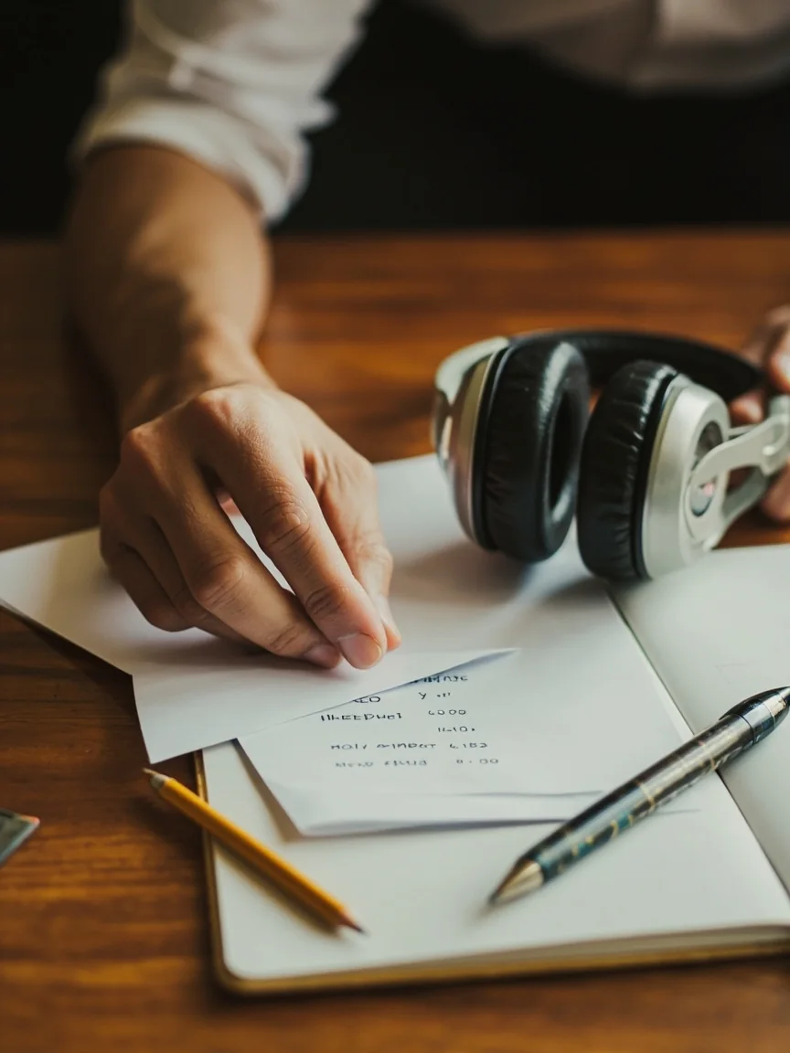 Editorial photograph of a support headset and a printed self-exclusion request form on a calm adult desk.