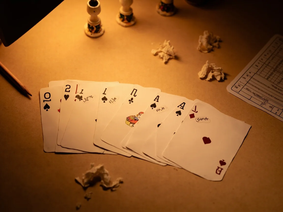 Editorial photograph of a flat-lay of declared rummy card groupings on warm sandstone paper with a pencil summary.