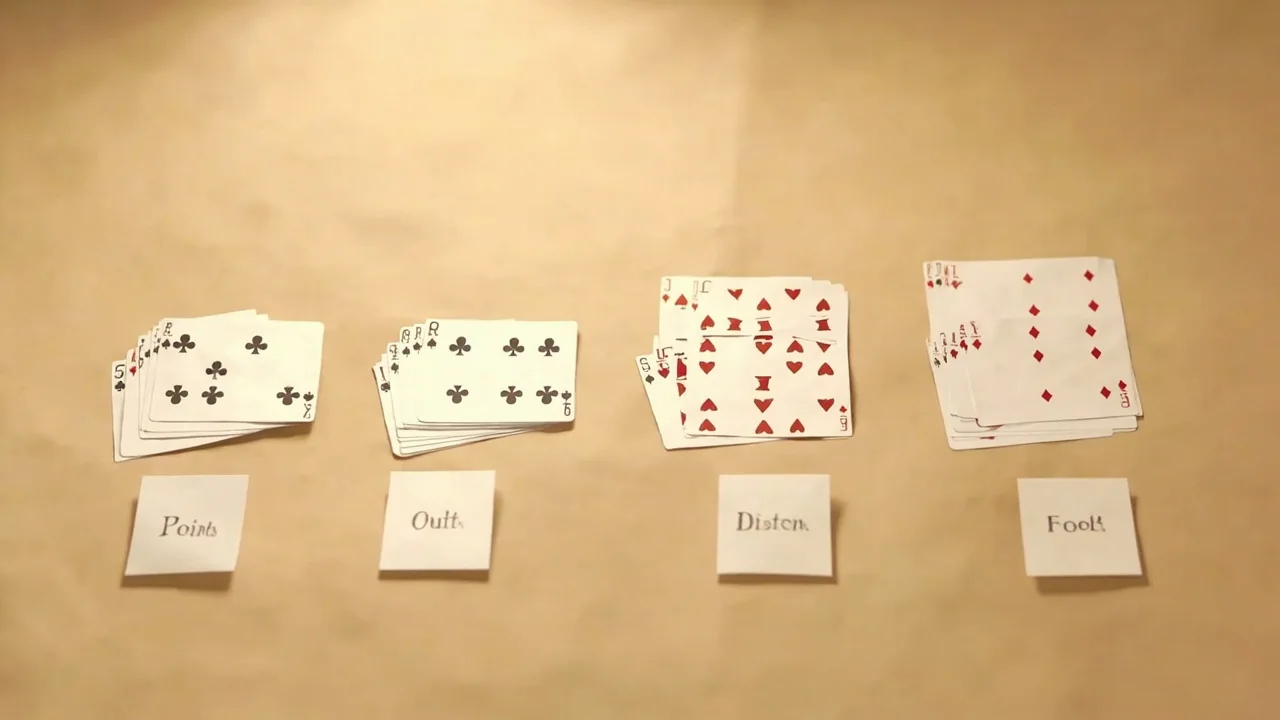Three separated rummy card arrangements labelled Points, Deals and Pool laid across matte sandstone paper in soft daylight.