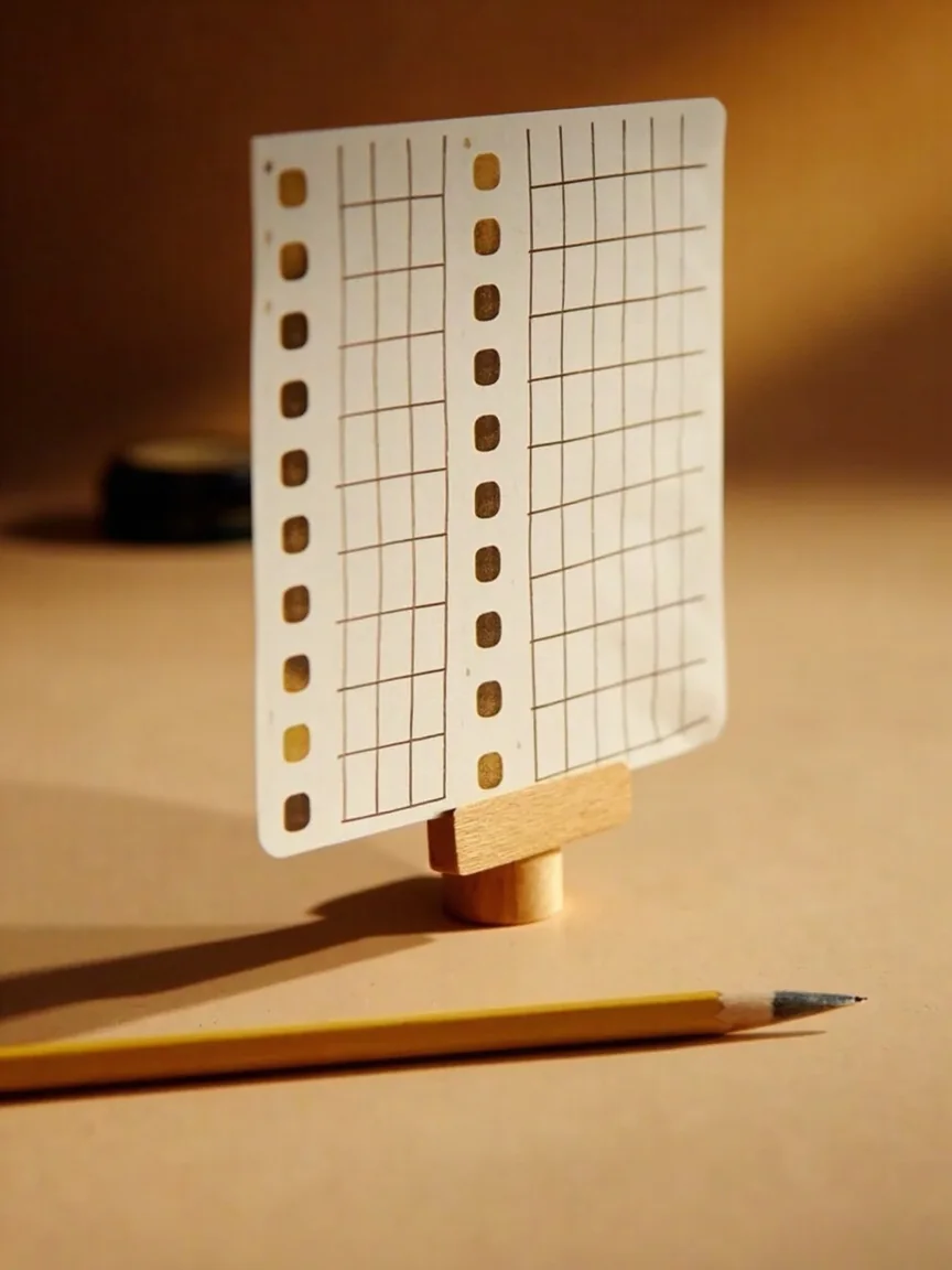 Editorial photograph of a printed rummy notation guide sheet on warm sandstone paper with pencil arrows between symbols.