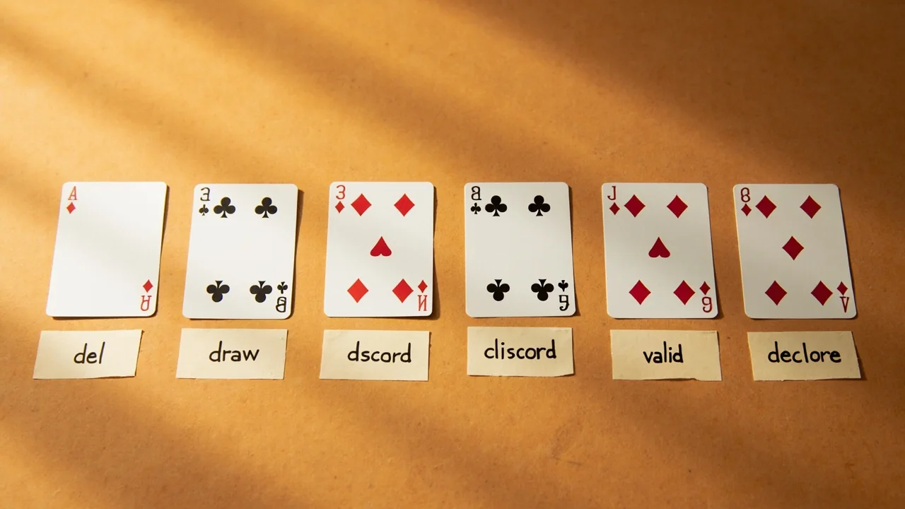 Horizontal timeline of six rummy hand states from deal to declaration laid across matte sandstone paper with pencil annotations.
