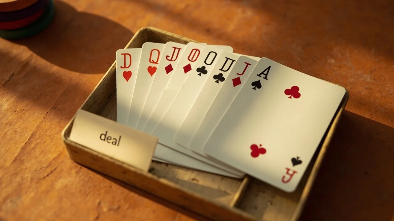 Editorial photograph of a deal-flow sequence showing the early, mid and late drop points along a rummy deal on warm sandstone paper.