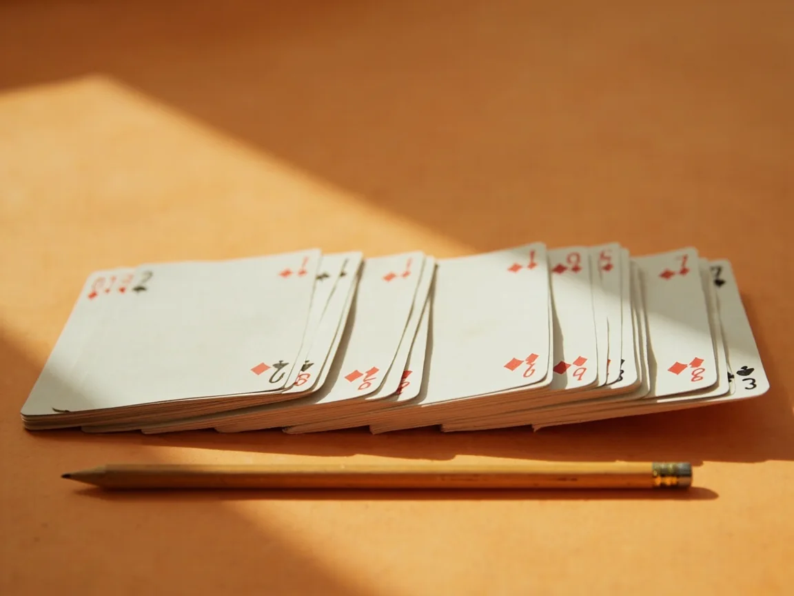 Three dealt rummy hands fanned across warm sandstone paper under soft daylight.