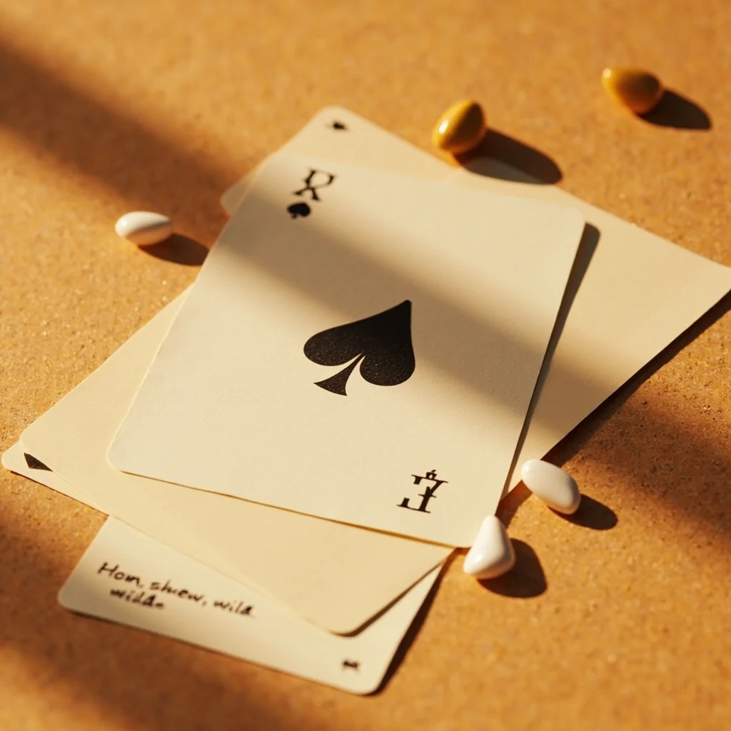 Editorial photograph of a printed joker rule card and a sorted rummy hand on warm sandstone paper under soft daylight.