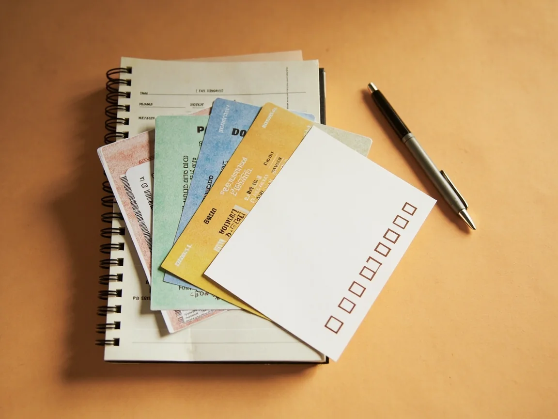 Flat-lay of an identity-verification paper stack including a PAN card, an Aadhaar card, a passbook and a printed checklist on warm sandstone paper.