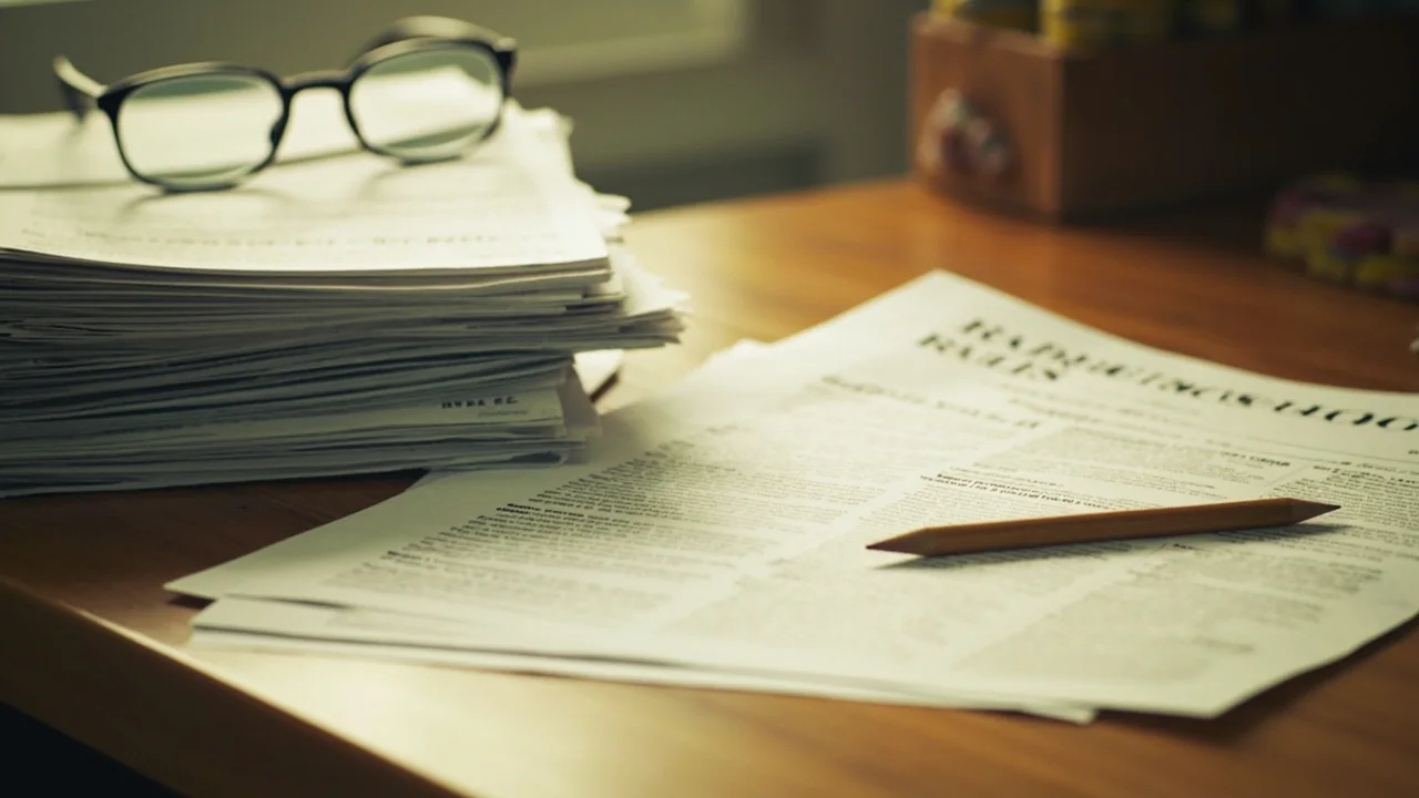 Editorial photograph of an editorial desk with a rummy rules broadsheet and a dated headline strip on warm sandstone paper.