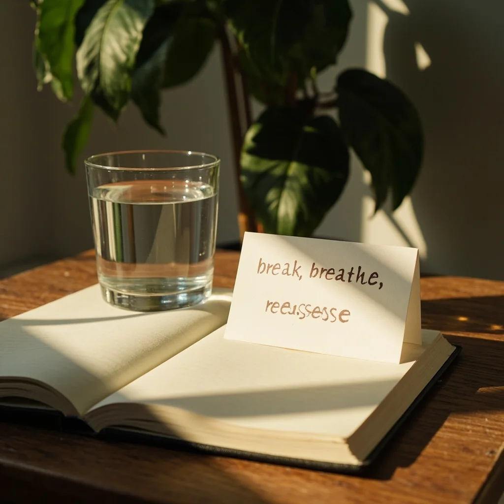 Sunlit adult reading nook with an open paper notebook, a half-full glass of water and a small break reminder index card.