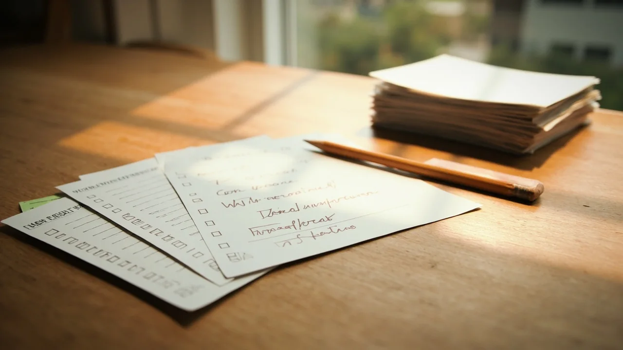 Editorial photograph of a rummy platform assessment workspace with a printed scoring rubric and a pencil on warm sandstone paper.