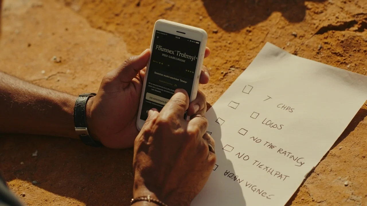 Editorial photograph of an adult hand evaluating a rummy app on a smartphone with a paper checklist beside it.