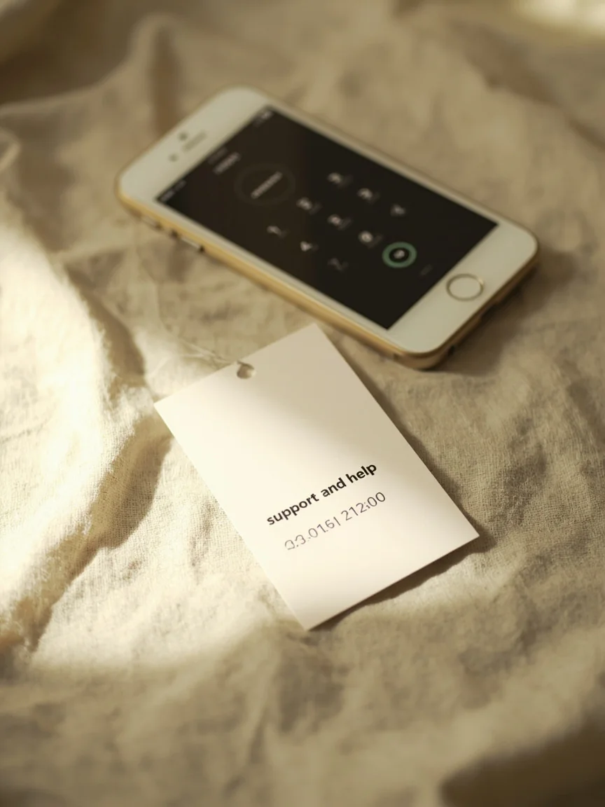 Editorial photograph of a printed helpline index card and a desk phone on warm sandstone paper under soft daylight.
