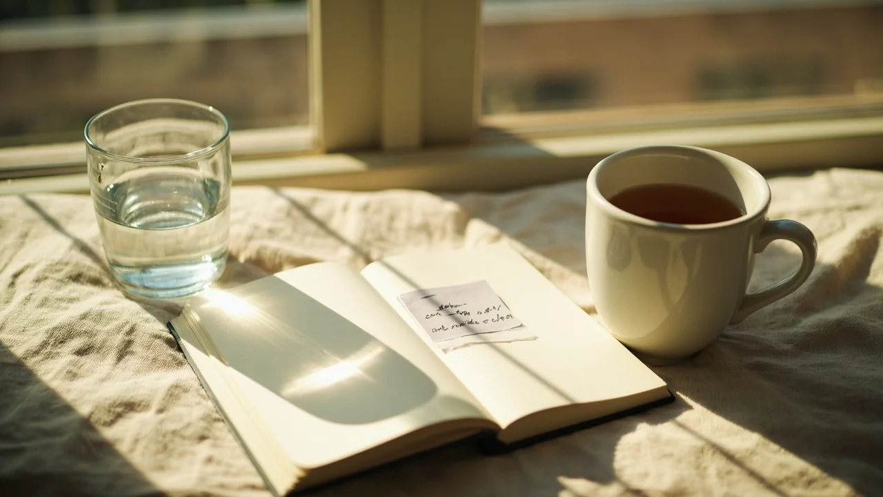 Editorial photograph of a calm sunlit adult reading nook with a half-full coffee cup and a small printed break reminder card.