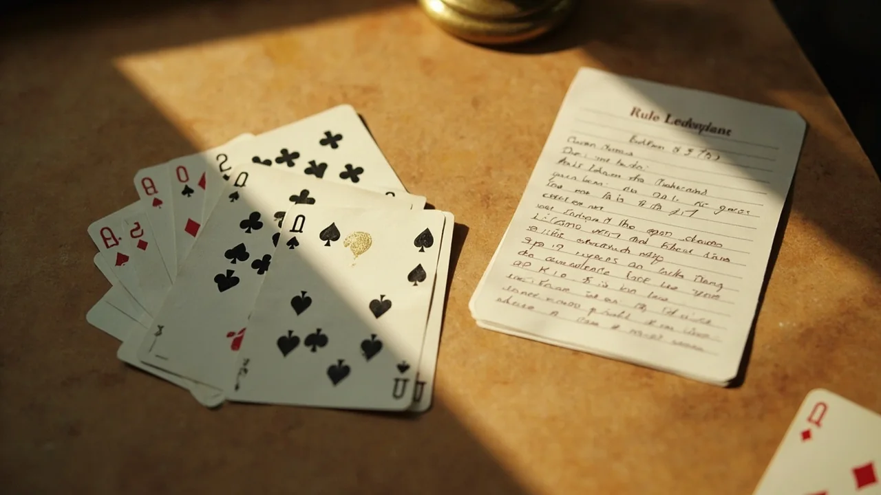 Editorial photograph of a rummy cover table layout with grouped cards on warm sandstone paper in soft daylight.