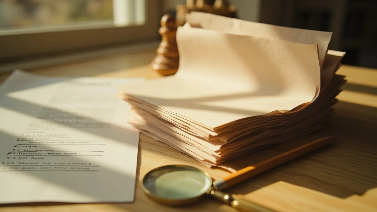 Editorial photograph of a safety and KYC paper stack hero on warm sandstone paper in soft daylight.