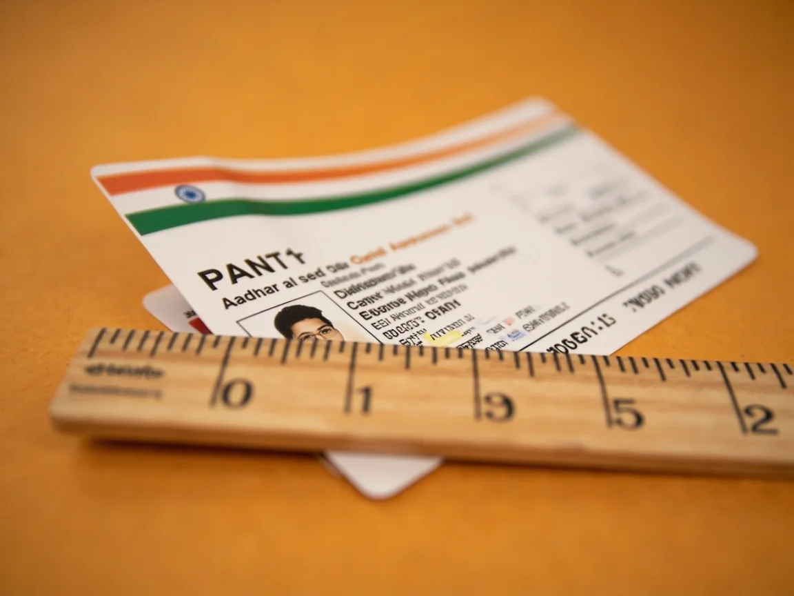 Editorial photograph of a PAN card and an Aadhaar card laid on warm sandstone paper under soft daylight.