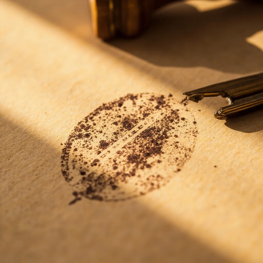 Editorial photograph of a printed verification stamp and a dated verification receipt on warm sandstone paper.
