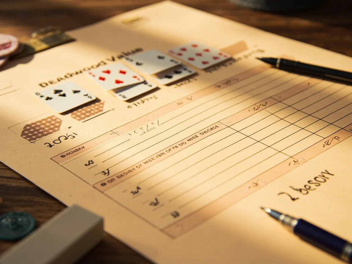 Close-up of a printed scoring worksheet on warm sandstone paper with pencil ticks and a wooden pencil at the lower edge.