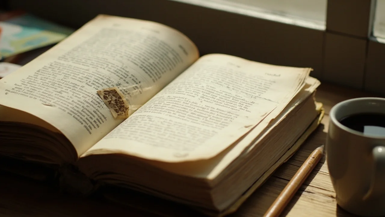 Editorial photograph of an annotated strategy book open to a scoring worksheet with pencil ticks and marginal notes on warm sandstone paper.