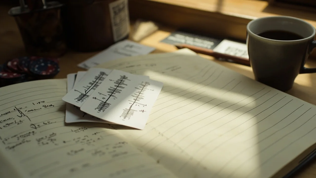 Three-quarter view of an adult study desk with a fanned rummy card hand, an open ruled notebook with a pencil decision-tree sketch and a ceramic mug.