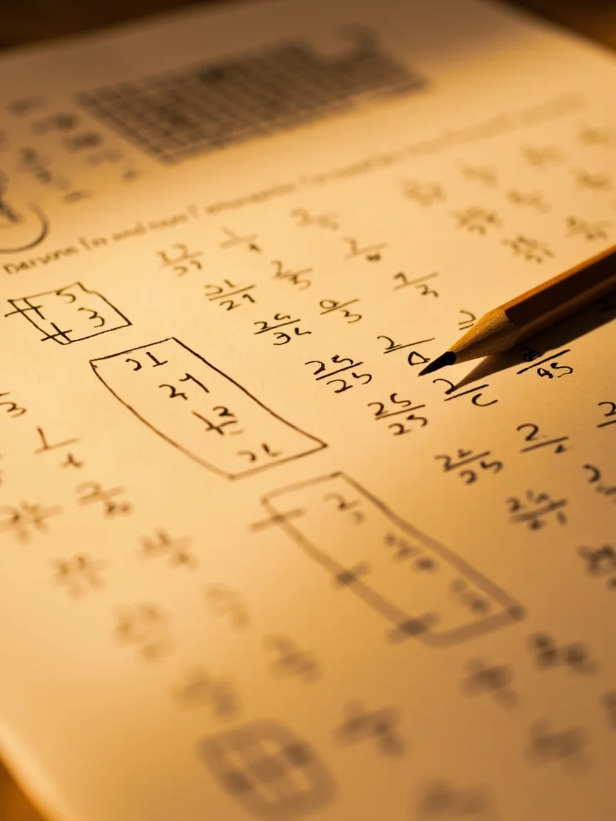 Editorial photograph of a printed discard math worksheet with worked drop values and a wooden pencil on warm sandstone paper.