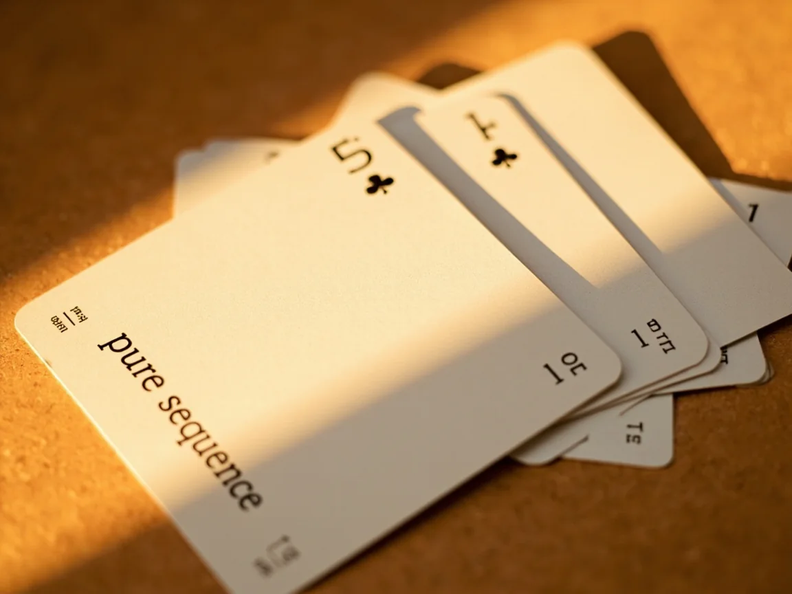 Close-up of a pure-sequence rummy card fan laid on warm sandstone paper.