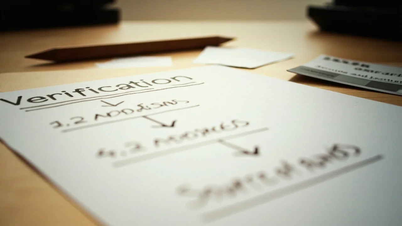 Editorial photograph of a wallet verification flow laid out on a calm adult study desk.